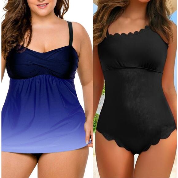 NWT Amazon Swimsuits - Scalloped Ribbed Tie Back 1 PC & Swimdress Bundle Size L - Picture 1 of 7